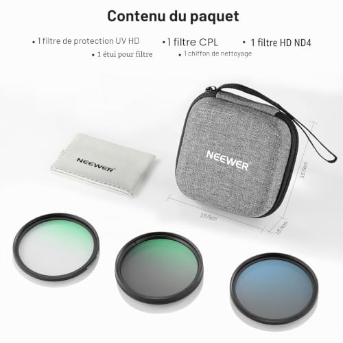 NEEWER 62mm Kit Filtres d'Objectif UV/CPL/ND Sac Rigide Verre Optique et Cadre en Alliage Aluminium Accessoire Ultraviolet Filtre + Polarisant Circulaire (CPL)+Filtres Densité Neutre(ND4) avec étui – vue 8
