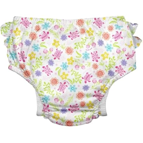 i play. by green sprouts Reusable, Eco Snap Ruffled Swim Diaper with Gussets, UPF 50, 12 mo, White Turtle Floral, Patented Design, STANDARD 100 by OEKO-TEX Certified Cover