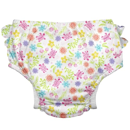 i play. by green sprouts Reusable, Eco Snap Ruffled Swim Diaper with Gussets, UPF 50, 18 mo, White Turtle Floral, Patented Design, STANDARD 100 by OEKO-TEX Certified