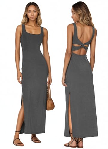 Image of ALENDA DANMOS Women Backless Maxi Dress High Sides Slit Bodycon Tank Dress Twist Low Back Casual Sundress 122