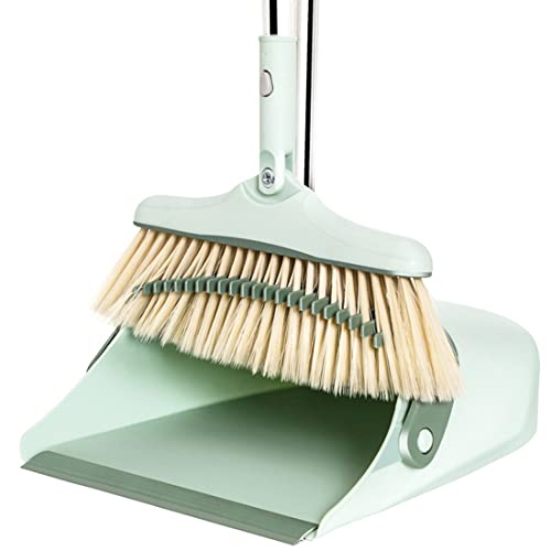 Broom and Dustpan Set for Home, Long Handle Dust Pan and Broom Combo for Indoor Outdoor Heavy Duty Dustpan Set for Kitchen Lobby Office Upright Standing Dustpan with Teeth (Green)