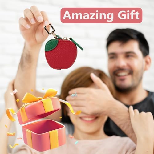 Cute Fruit Coin Purse Bag Charm,Mini Leather Coin Change Purse & Pouch Holder Keychain Charm for Handbag Tote Wallet Airtag Accessories,Kawaii Fruit Bag Charms for Girl Women Apple - Thumbnail 2
