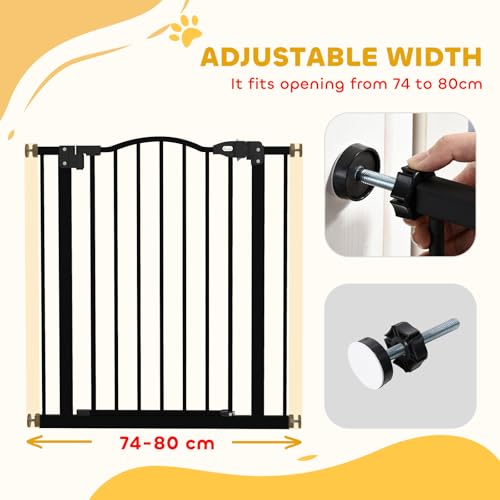 PawHut Pressure Fit Dog Stair Gate No Drilling Safety Gate Auto Close for Doorways, Hallways, 74-80cm Adjustable, 78cm Tall, Black - Image 5