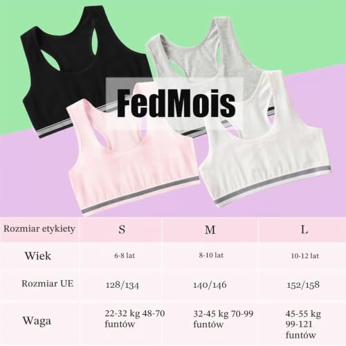 FedMois 4-pak dziewczęcy biustonosz sportowy bustier bawełniany, 6-8 lat