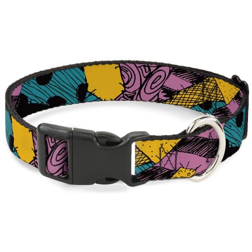 Disney Pet Collar, Dog Collar Plastic Buckle, Nightmare Before Christmas Sally Dress Patchwork, 9.5 to 13 Inches 1.0 Inch Wide