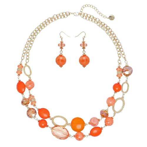 Coiris Womens Beaded 2 Layer Strand Statement Necklace with Earrings Collar Jewelry Set (N0003-Orange)