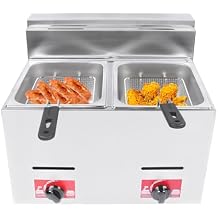 Deep Fryer with 6L*2 Basket for Commercial Use, Dual Tank Kitchen Fat Fryer LPG Gas Fryer with Lid, Stainless Steel Countertop Deep Fryer for Home Kitchen Restaurant Snack Bar Silver