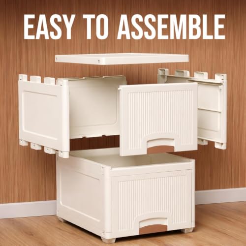 Image of Multi-Purpose Modular Storage Cabinet with Foldable Compartments, Stackable Organizer Box with Doors & Raised Legs for Clothes, Books, Kitchen Supplies, Bedroom and Living Room (4 Layer)