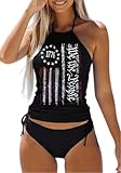 Women's Vintage American Flag Graphic Halter Tankini Set We are People Two-Piece Swimsuit Set 4th of July Independence Day Drawstring Tankini Summer Beach Patriotic Swimwear Tops（XL,Black-H