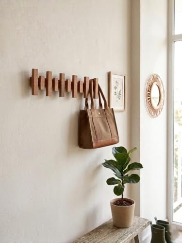 Image of Wooden Wall-Mounted Coat Rack with Multiple Hooks, Natural Wood Finish, Entryway Organiser
