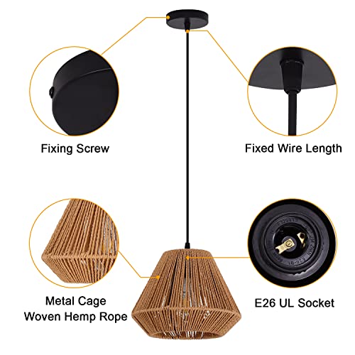 Gudicati Hand Woven Bamboo Pendant Light Vintage Farmhouse 9.64" Rattan Pendant Lighting Fixture Mini Retro Boho Wicker Pendant Light for Kitchen Island, Bedroom, Dining Room, Hallway, Living Room - Image 5