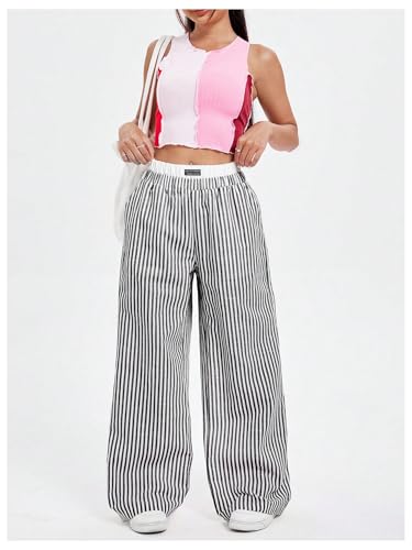 OYOANGLE Women's Colorblock Striped Print Pants Y2K High Elastic Waist Loose Wide Leg Pants with Pockets3