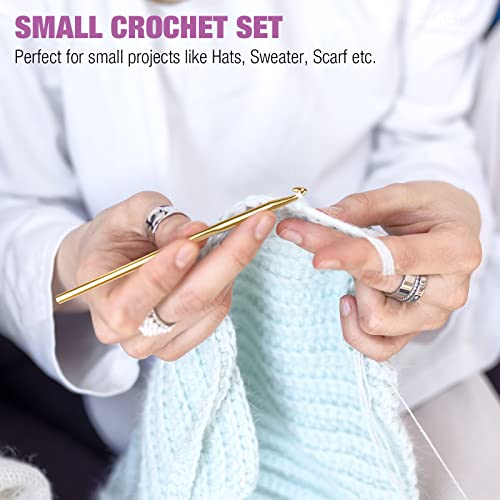 Multi-Color Metallic Crochet Hooks Set, Tomorotec Art Aluminum Knitting Needles for Yarn Craft Set with Sylish Storage Bag, Stitch Markers and Big Eye Needles (Purple Bag)