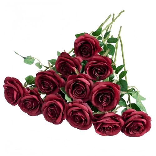 Waibejon 12 Pcs Artificial Red Roses with Stems, Red Fake Roses Artificials Flowers,Fake Artificial Red Roses Silk Flowers, for Home Garden Party Hotel Wedding DIY