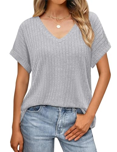 JUSTFASHIONNOW V Neck T Shirts for Women Cute Summer Short Sleeve Tops Dressy Casual Side Split Tops 2026 Fashion Loose Clothes Grey S — view 2