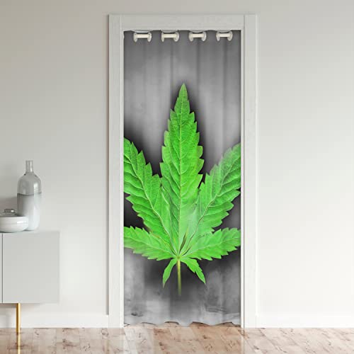 Cannabis Leaves Doorway Curtain 42" W X 80" L,Marijuana Weed Leaf Door Curtain, Marijuana Herb Botanical Darkening Door Drape for Kid Teens Boys Teens, Grey Grunge Style, Green, Privacy, Roo