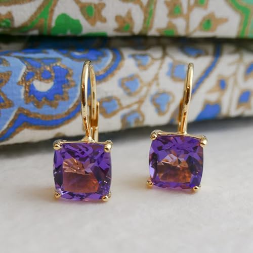 Offrir des boucles d'oreilles améthyste coussin en argent plaqué or - 6