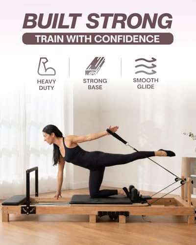 Foldable Pilates Reformer Machine - 91 in Easy Assembly with Included Sitting Box, Jumpboard, and Accessories - Wooden Foldable Reformer Pilates Machine for Home Workout or Professional Studio