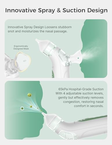 Momcozy BreezyClear™ Spray and Suction 2-in-1 Electric Nasal Aspirator for Baby, 4 Adjustable Suction Levels up to 65kPa Hospital-Grade, Quiet & Portable Nose Cleaner with Soothing Light & Music — view 4