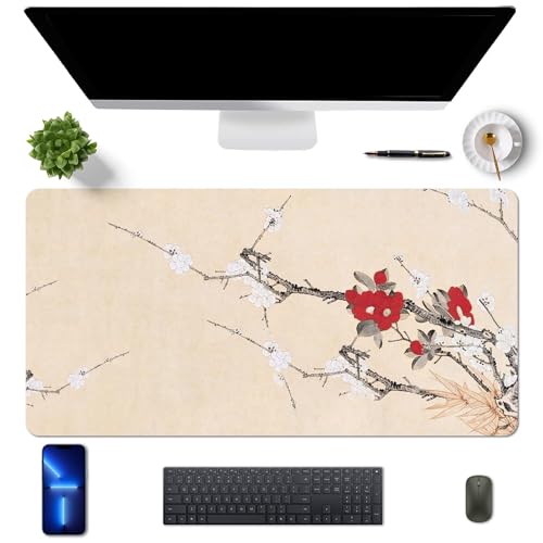 MAYCARI Tapis de Bureau en Cuir PU Imperméable Tapis de Souris Grand 80x40 cm Mouse Pad pour Bureau/Maison, avec Motifs de Fleurs de Prunier