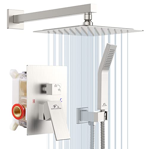 Rain Shower Faucet System Set: Rainfall Shower Faucets Sets Complete Shower Combo Set, Wall Mounted Modern Luxury Shower Systems With Rain Shower And Handheld Shower Mixer Valve, Brushed Nickel #TOP17