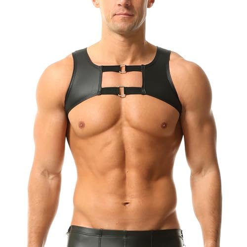 QiaTi Men’s Leather Chest Harness Black Chest Belts Cross Dressing Transgender Shoulder Harness for Men
