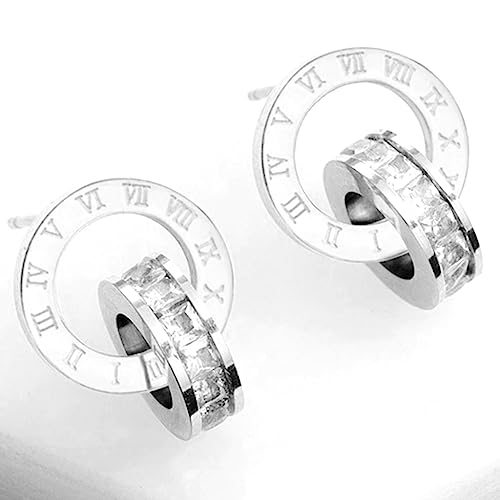 Stainless Steel Roman Numbers Interlocking Circles Cubic Zircon Filled Hoop Cuff Earrings2