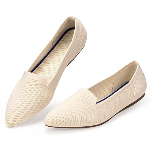 Frank Mully Women's Casual Loafer Flats Slip On Loafer Shoes Comfortable Knit Flat Shoes Classics Pointy Toe Loafer Flats,For Work,Travel Beige, Size 8 #TOP1