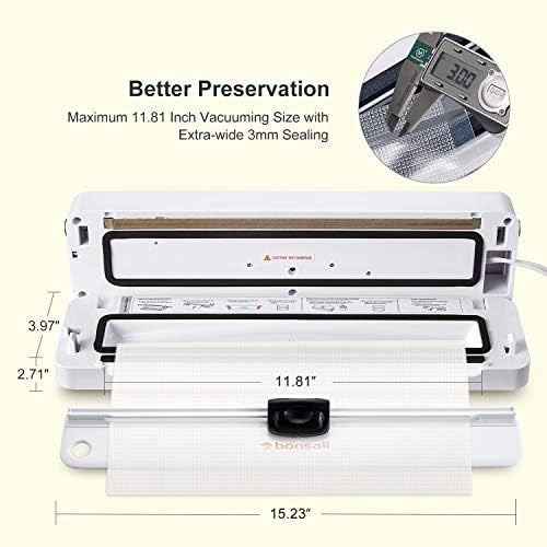 Bonsenkitchen VS3803 Vacuum Sealer with dimensions showing 11.81 inch maximum vacuuming size and 3.97 inch depth.