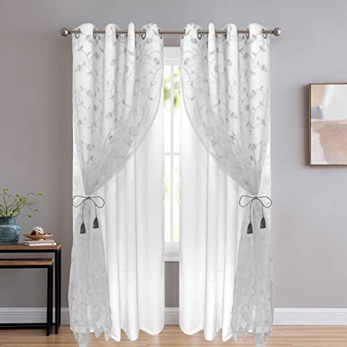Image of Polyester Floral Embroidery Door Curtains for Living Room /Bedroom (6 Feet, White Embroidery + White Blackout) Set of 2