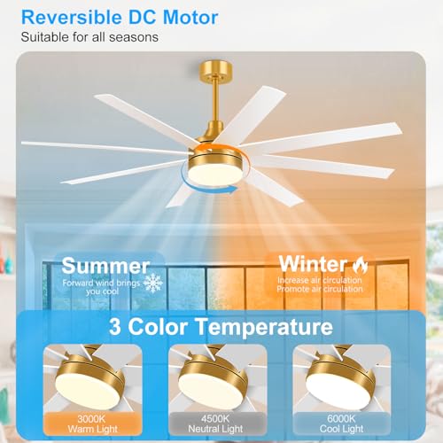 65 Inch Ceiling Fan with Lights and Remote, 8 ABS Blades, Quiet Reversible DC Motor, 6-Speed, Timer Function, 3 Color Led Light Chandelier, Industrial Ceiling Fans for Bedroom Office (Gold & White) by Breezary - Image 2