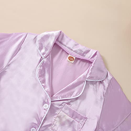 MAINESAKA Toddler Baby Girl Boy Satin Pajamas Set 2Pcs Button Down Pjs Solid Color Short Sleeve Silk Top And Shorts Sleepwear (D-Purple, 1-2 Years)