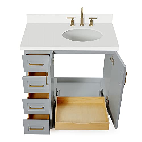 Ariel 37" Inch Gray Bathroom Vanity W/ 1.5" Thick Edge Pure White Quartz Countertop W/Back & Sidesplash | Right Offset| Oval Sink | 2 Soft-Closing Doors 5 Full Extension Dovetail Drawers | No Mirror #TOP3