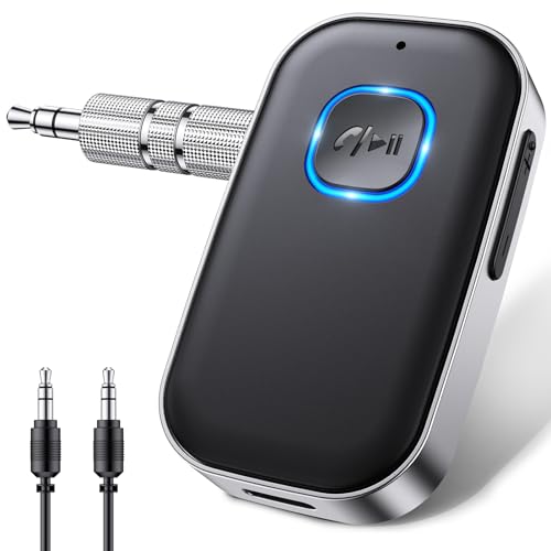 Glangeh Receptor Bluetooth 5.3 Coche Aux, Jack 3.5mm Adaptador con 16Hrs de Uso, Dual Conexión HiFi Audio Receptor Bluetooth Coche para Llamadas Manos Libres/Altavoces/Auriculares