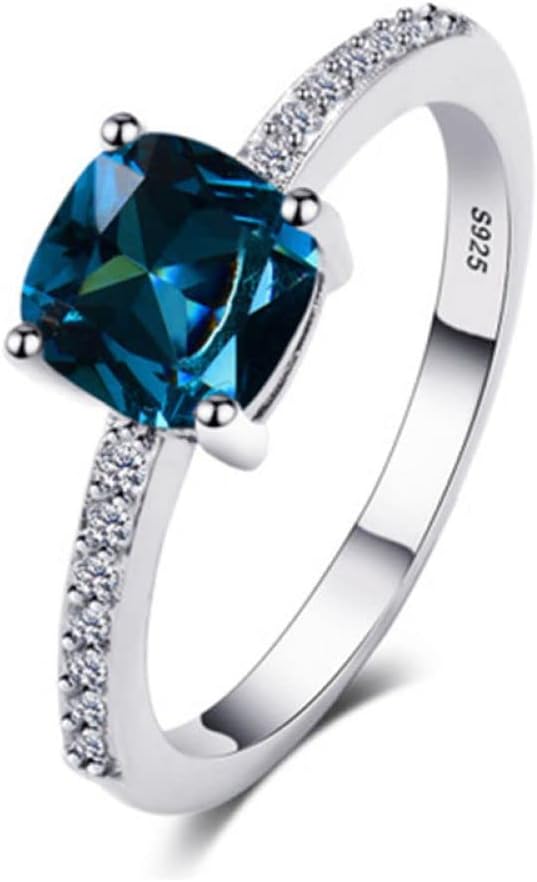 MetmejiaoMetmejiao 14k White Gold Plated Cushion Cut Birthstone Gemstones 925 Sterling Silver Stackable Solitaire Ring Blue Topaz Created Sapphire Ring For Women