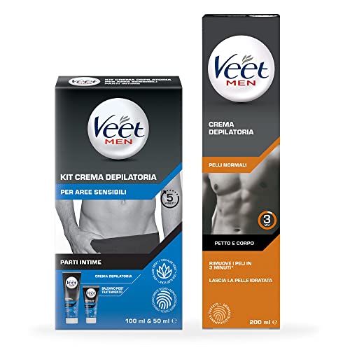 Veet Men Kit Crema Depilatoria Per Parti Intime 100Ml + Veet Men Crema Depilatoria Per Uomo Pelli Normali, 200 Ml, Azione Rapida
