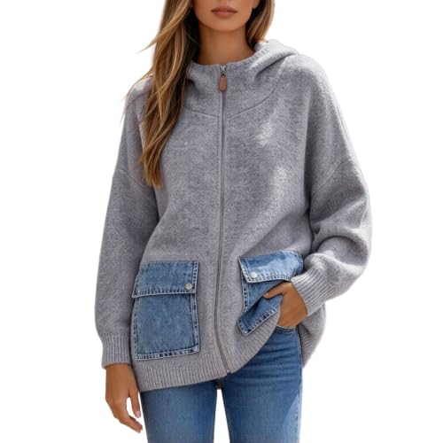 JiXiang Knit Cardigans for Women Zip Up Long Sleeve Cozy Fall Sweater Mock Neck Hooded Outerwear with Denim Patch Pockets - image 2