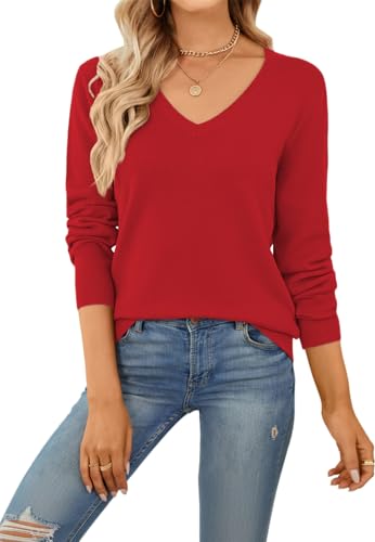 QUALFORT Red Sweaters for Women V Neck Long Sleeve Knitwear Small