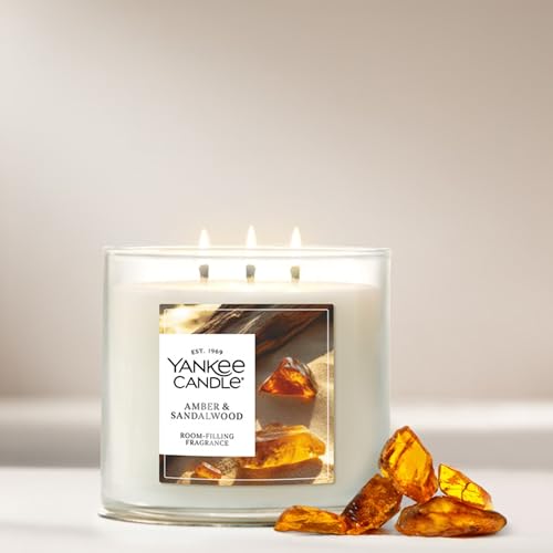 Image of Yankee Candle Amber & Sandalwood, Fall Scented Candle, 14.5oz 3-Wick Candle Jar with up to 40 Hours Burn Time