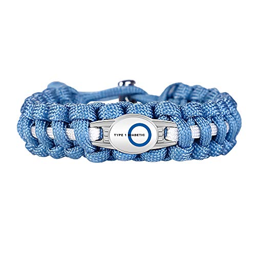 Tasmtto Medical Alert ID Type 1/2 Diabetic Paracord Survival Bracelet for Women Men with Metal Closure Adjustable Diabetes Symbol Charm Bracelets (Blue/White, Type 1 Diabetic)