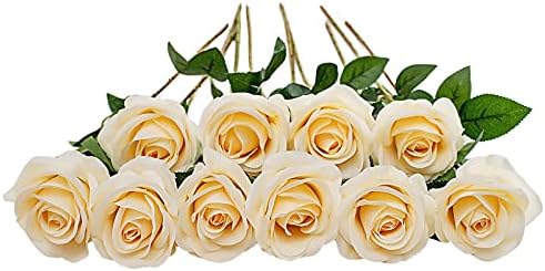 DuHouse Artificial Roses Fake Silk Flowers Bridal Bouquets with Single Long Plastic Stems for Arrangement Wedding Table Centerpiece Party Home Decor (10pcs Blossom Rose,Black)