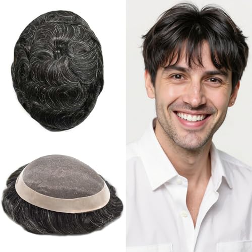 FACE MIRACLE Toupee for Men Human Hair Replacement System, Fine Mono Lace Center with NPU, 1/8" Folded Lace Front Natural Hairline Mens Hair Piece 1B10# 1B#OFF BLACK+10% SYNTHETIC GREY 8 * 10