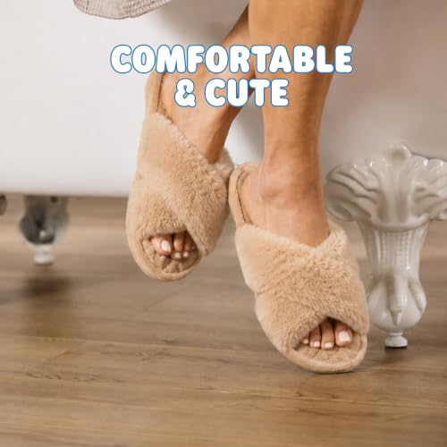 Image of Jessica Cross Band Slide Memory Foam Open Toe Fuzzy Indoor Summer House Slippers