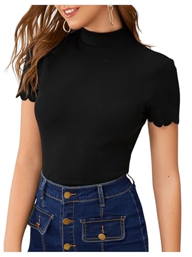SweatyRocks Women's Mock Neck Ribbed Knit Scallop Short Sleeve T Shirt Tops3