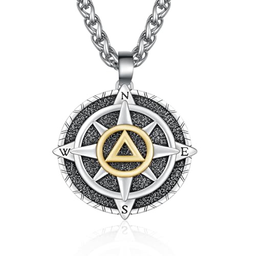 TYSO AA Sobriety Necklace for Men 925 Sterling Silver Compass Necklace AA Coins Medallions Pendant Alcoholics Anonymous Gifts Jewelry for Men