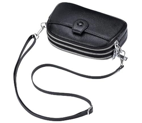 Women Small Genuine Real Leather Crossbody Shoulder Bag, 3 Zipped Compartments 1 Front Pocket