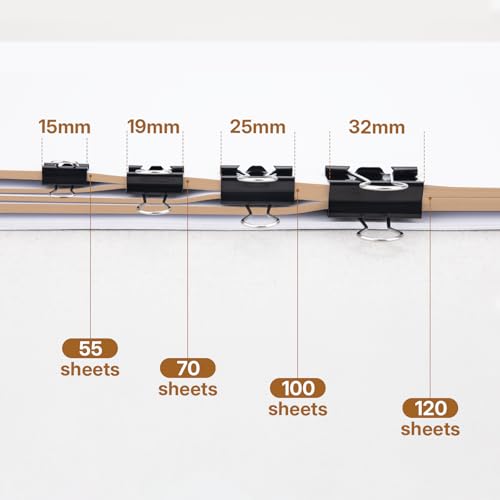 OWLKELA 120 Stück Foldback Klammern, 15/19/25/32mm Papierklammern, Schwarz Metall Binder Clips, Vielzweckklammern für Büro, Schule und Haushalt