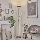 HOFSTEIN LED Stehlampe Rom, dimmbarer Deckenfluter aus Metall in Nickel-matt, moderne Stehleuchte mit Drehdimmer u. verstellbarem Lesearm, 23 Watt, 2080 Lumen, 3000 Kelvin, Wohnzimmer, Schlafzimmer