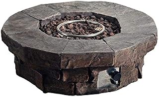 Teamson Home Round Stone Look Slate Effect Propane Gas Fire Pit for Outside/Outdoor Patio Garden Backyard Decking Décor with ETL Certification and Lava Rocks, 50,000 BTU, 41 inch Length, Dark Brown