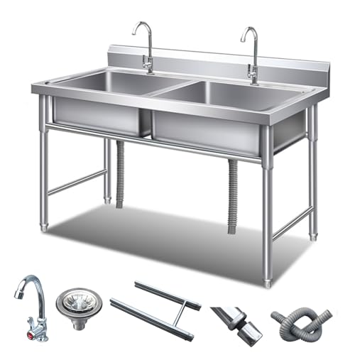 Fregadero comercial de acero inoxidable con doble grifo y kit de drenaje, fregadero utilitario para uso en garaje y restaurante